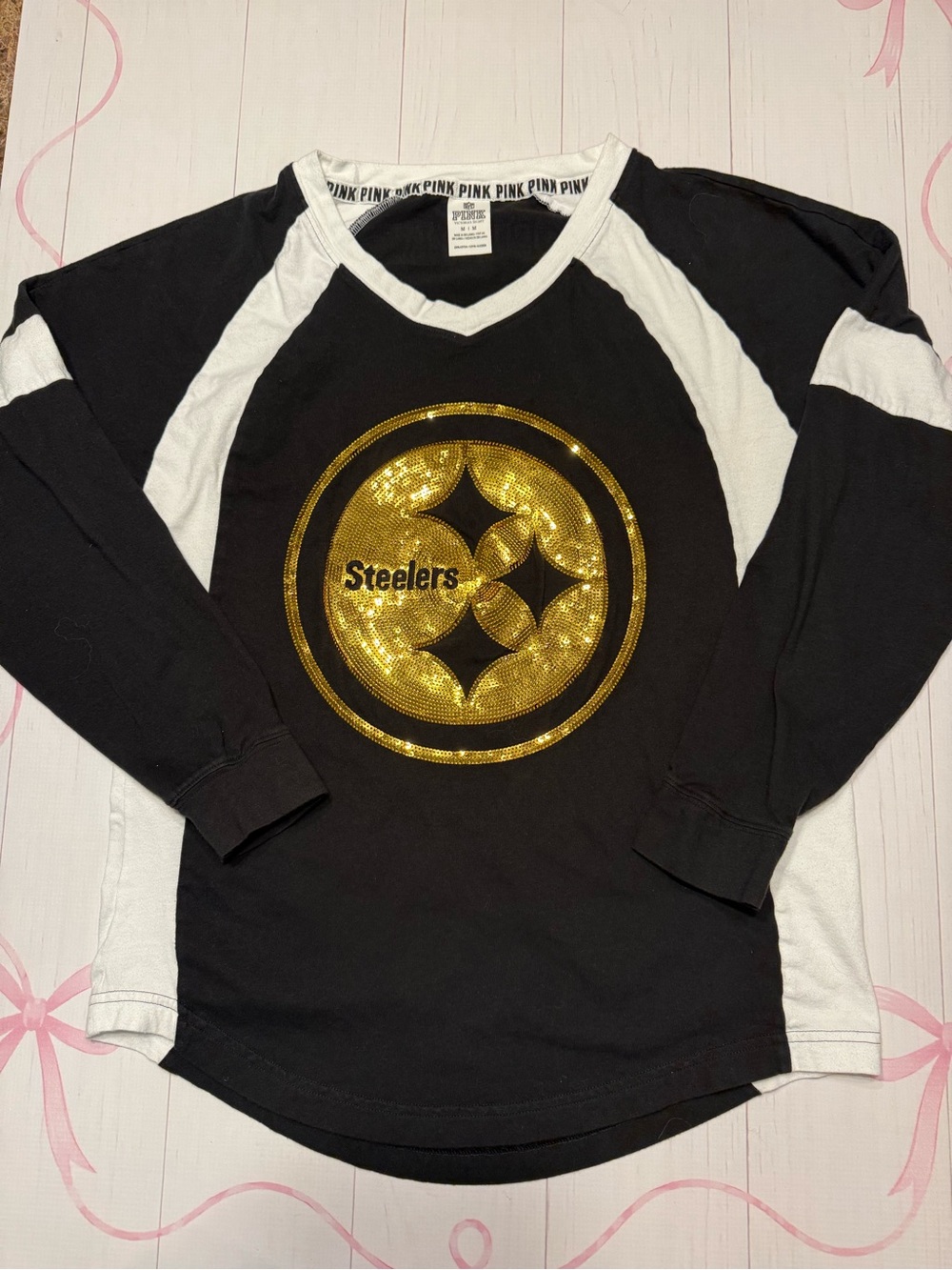 Victoria's Secret PINK Black, White & Gold Steelers Sequin Long-Sleeve Tee Med